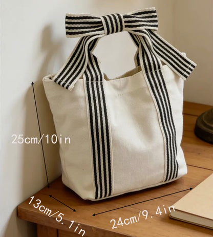 Striped Canvas Bow Handle Tote Bag