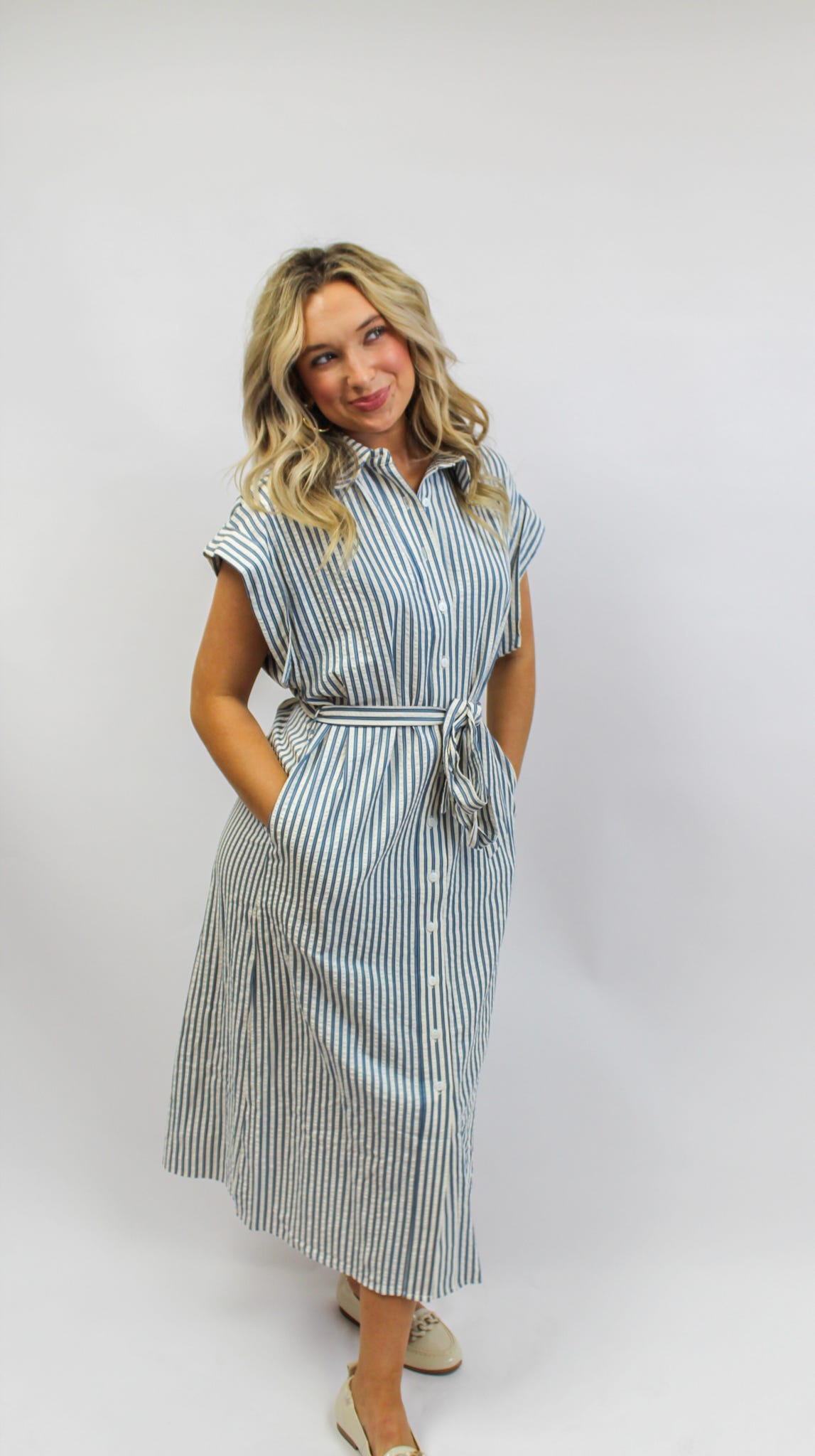 Brianna Blue Button Up Striped Dress