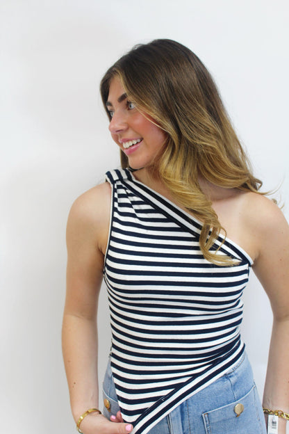 Statement Stripe One-Shoulder Top - Navy
