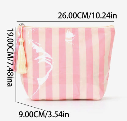 Color-Blocked Striped Waterproof Cosmetic/Makeup Bag w/ Tassel
