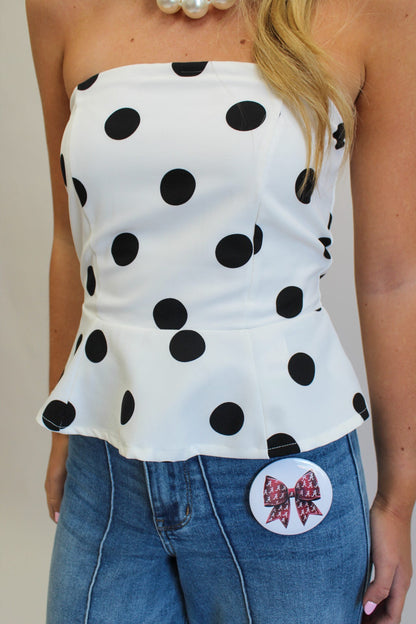 Randal Polka Dot Peplum Strapless Top