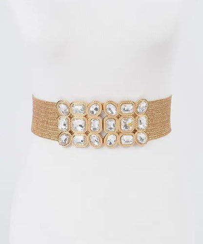 Multi Stone Metallic Straw Stretch Belt