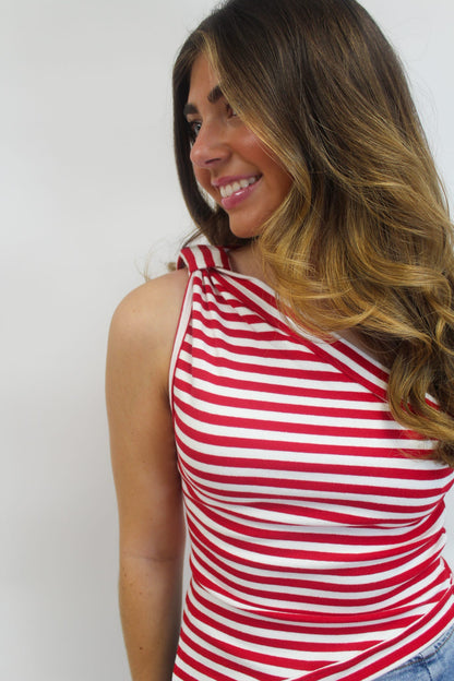 Statement Stripe One-Shoulder Top - Red