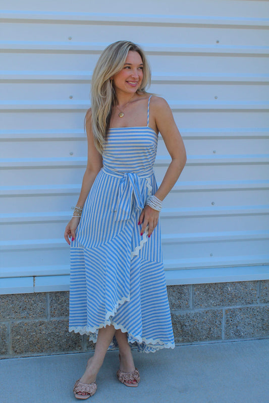 Scarlett Striped Woven Midi Dress - Blue and White