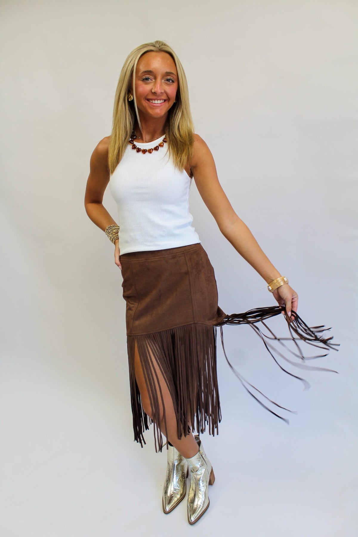 Frivolous Fringed Faux Suede Skirt