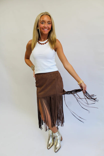 Frivolous Fringed Faux Suede Skirt