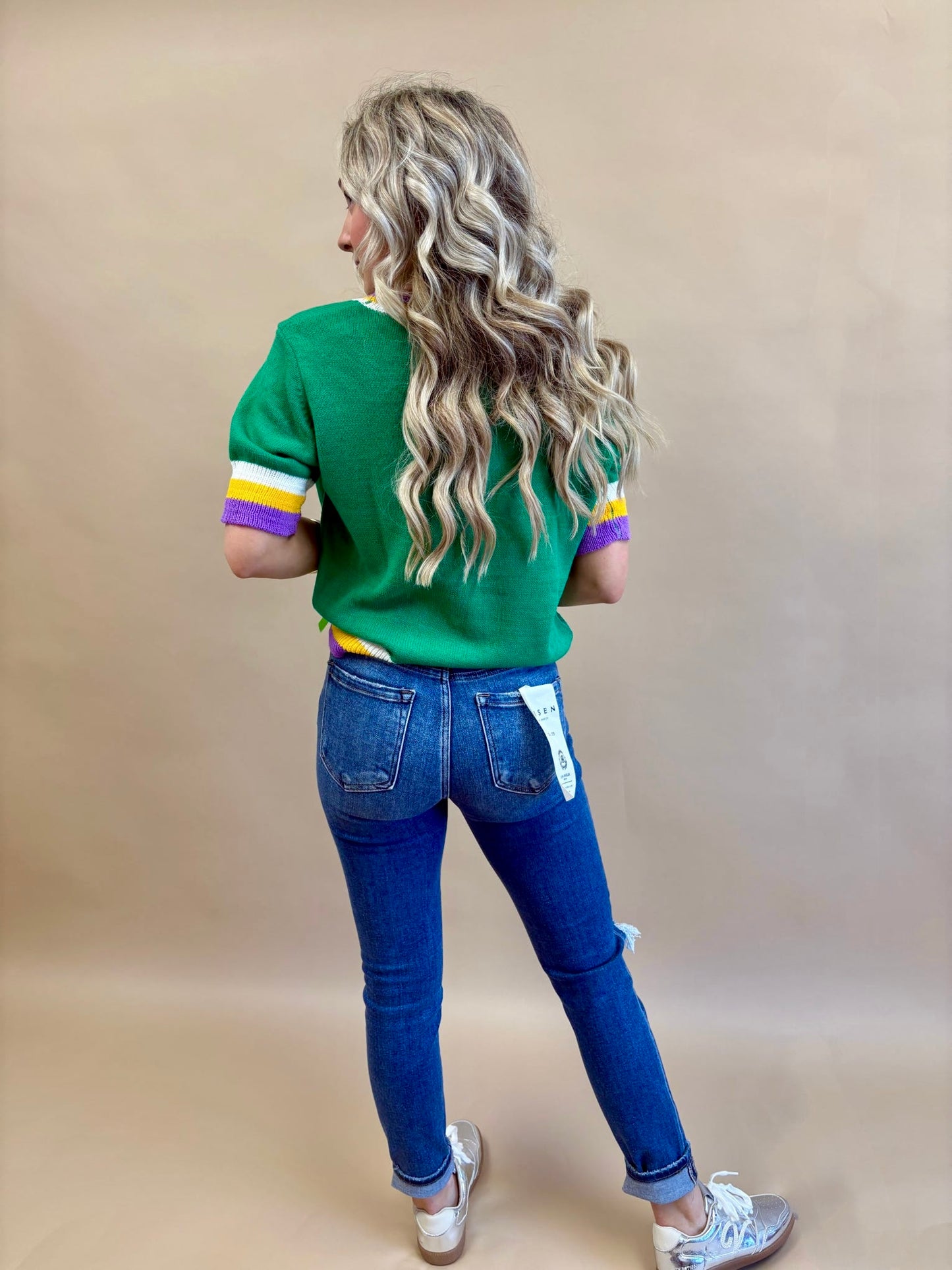 Mardi Gras Bow Detail Short Sleeve Pullover Top