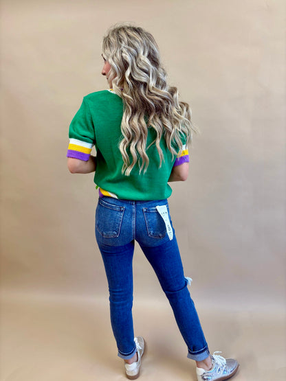 Mardi Gras Bow Detail Short Sleeve Pullover Top