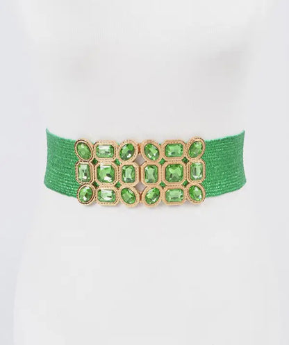Multi Stone Metallic Straw Stretch Belt