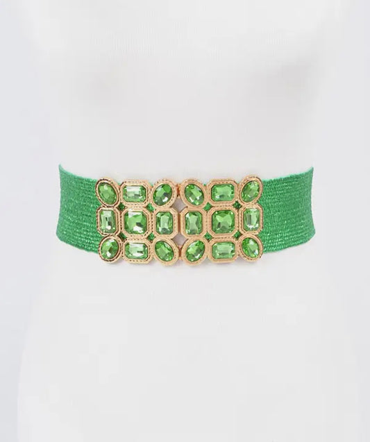 Multi Stone Metallic Straw Stretch Belt