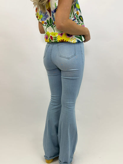 High Waisted Light Wash Stretch Bell Bottoms