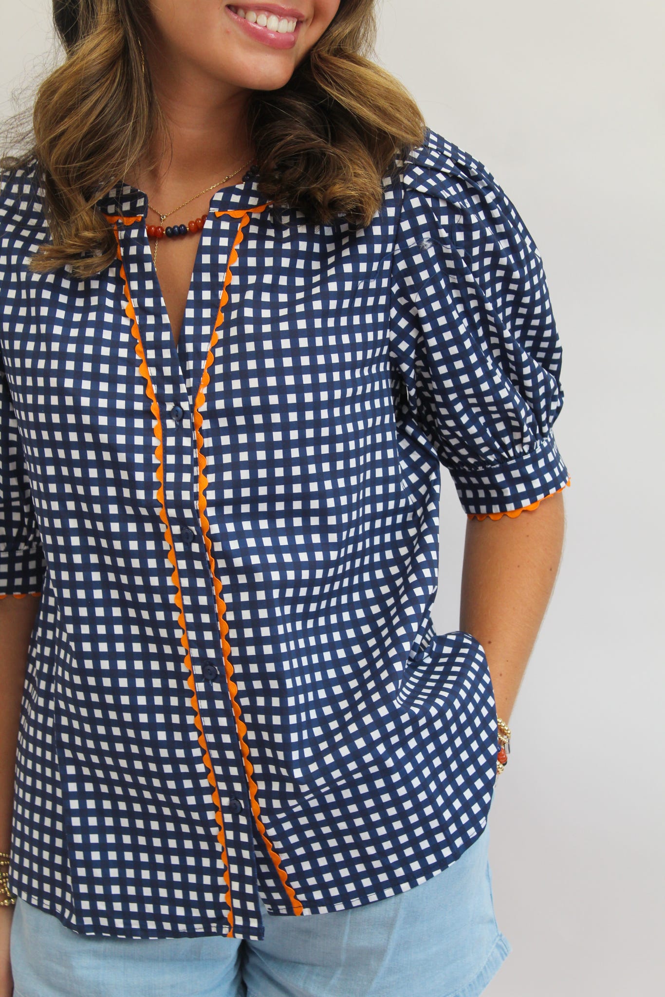 Navy/Orange Gingham Elaine Top