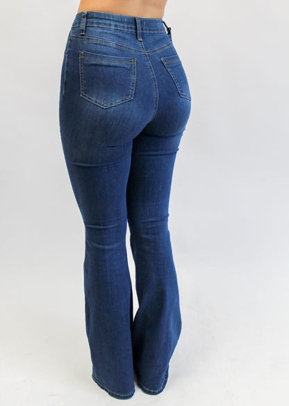 High Waisted Med Wash Strech Denim Bell Bottoms