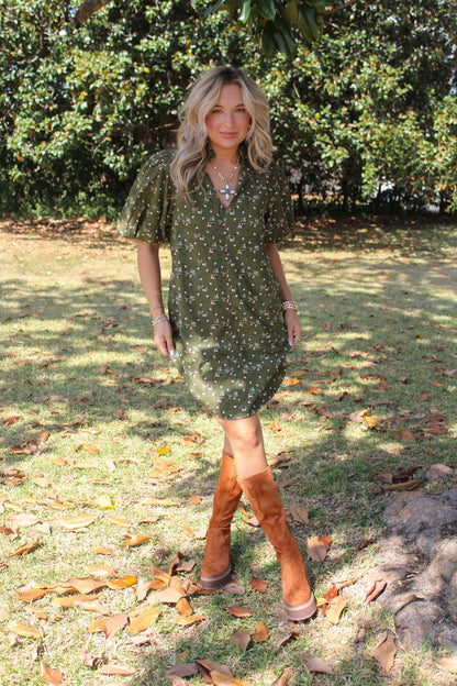 Forest Puff Sleeve Velvet Dress