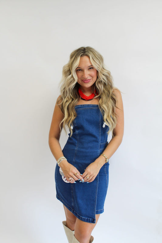 Gameday Darling Denim Strapless Mini Dress