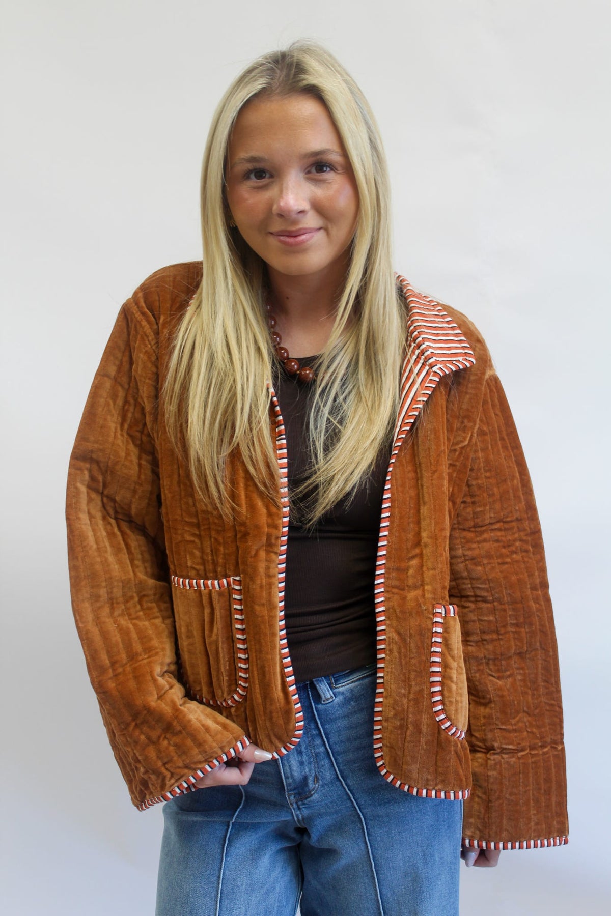 Pinstripe Velvet Jacket - Amber