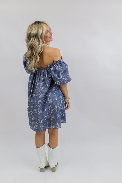 Flora Blue Toile Print Mini Dress