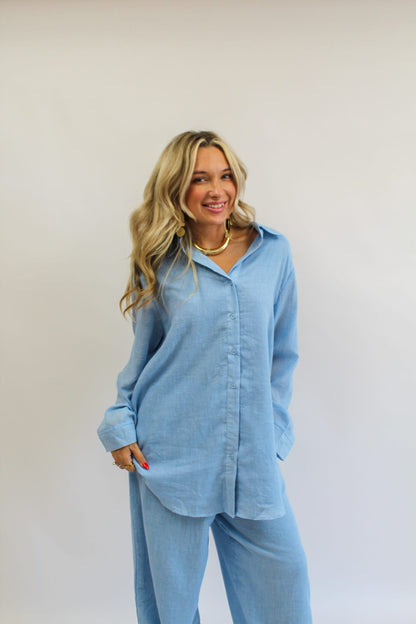 Santorini Sky Linen Pants Set