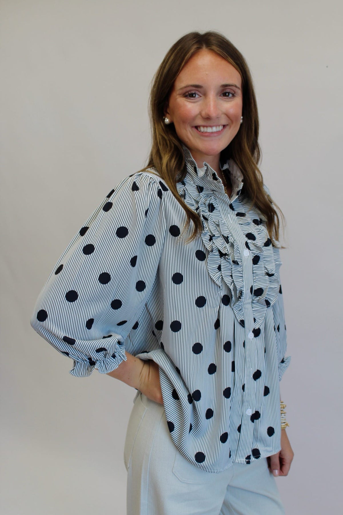 Black Dottie Ruffle Button Up Top