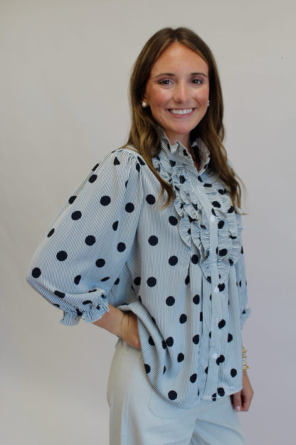 Black Dottie Ruffle Button Up Top