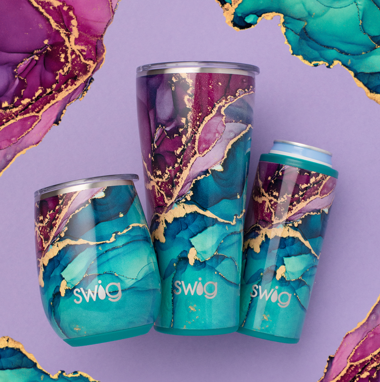 Swig Life gemstone wine tumbler, 32oz tumbler, and skinny can cooler are all new patterns. Featuring gold, turquoise, magenta, and purple, these tumblers are sure to catch attention.
