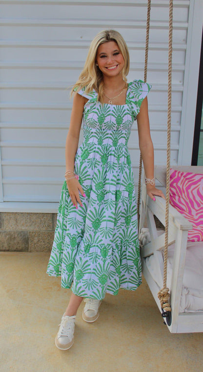 Green Deco Palm Smocked Tie Top Dress