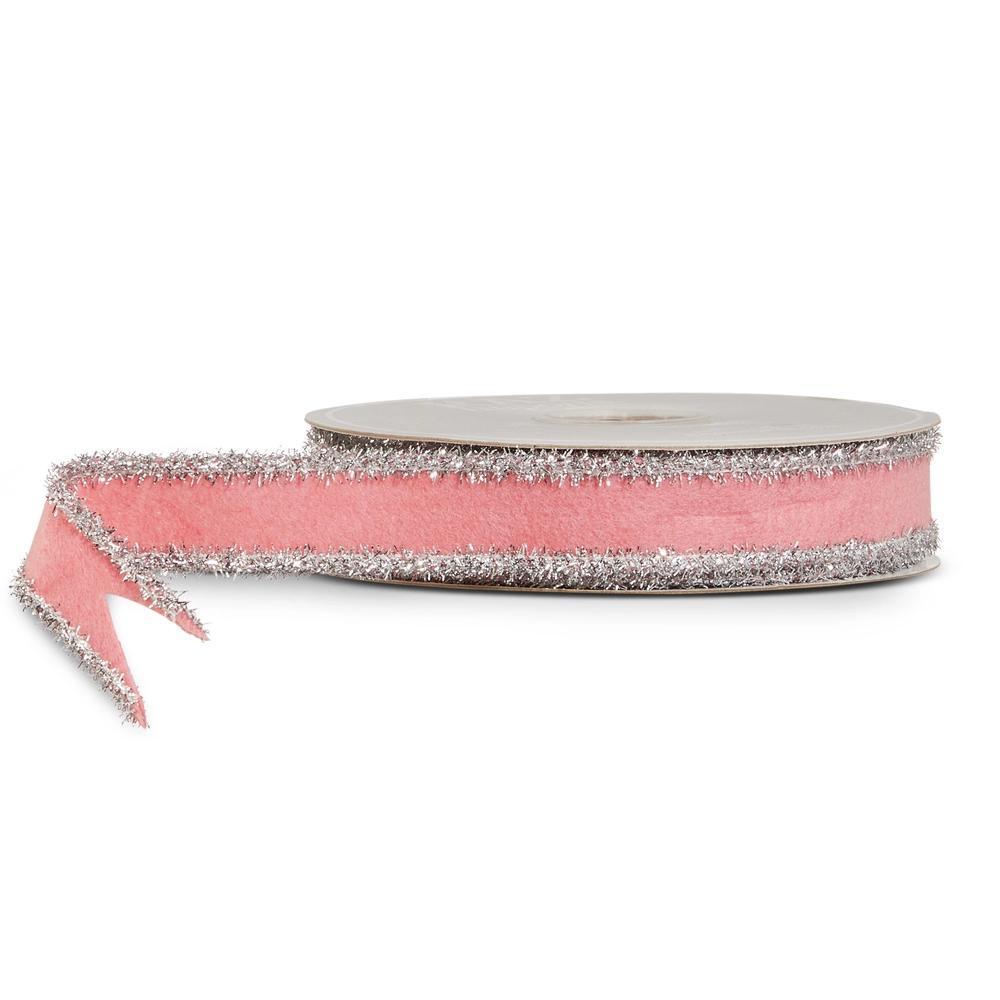 Light Pink and Silver Tinsel Felt Wired Ribbon