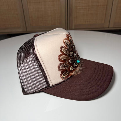 FEATHER Trucker Hat Two Tone Turquoise Stone Tan & Brown
