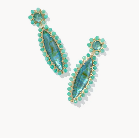 Genevieve Gold Beaded Statement Earrings Deep Aqua Illusion