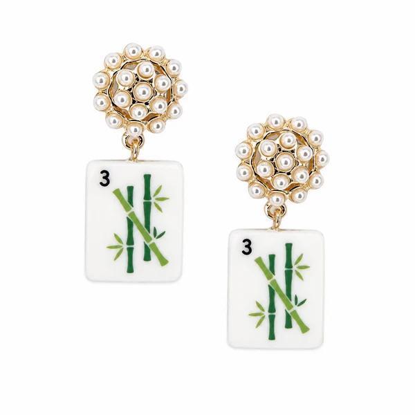Mahjong Tile Pearl Cluster Drop Earrings
