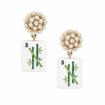 Mahjong Tile Pearl Cluster Drop Earrings