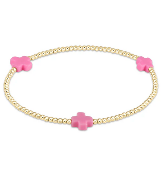 Signature Cross Gold Pattern 2mm Bead Bracelet - Bright Pink