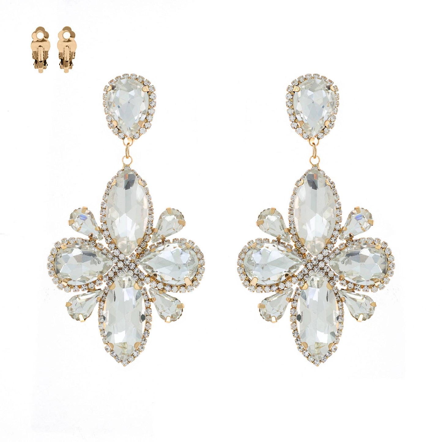 Statement Large Crystal Flower Clip On Earrings: Gold Multi Iridescent