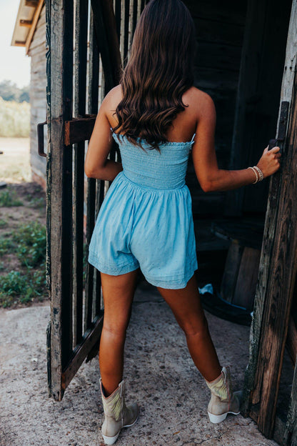 Eyelet Strapless Smocked Back Layered Lace Romper