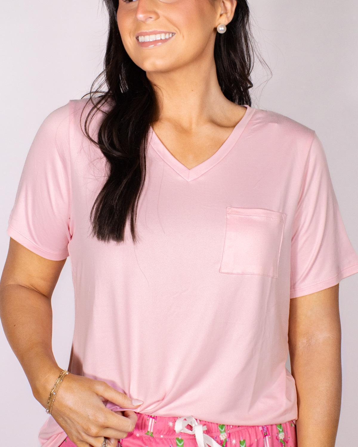 Highlands V-Neck Tee Shirt with Pocket in Light Pink