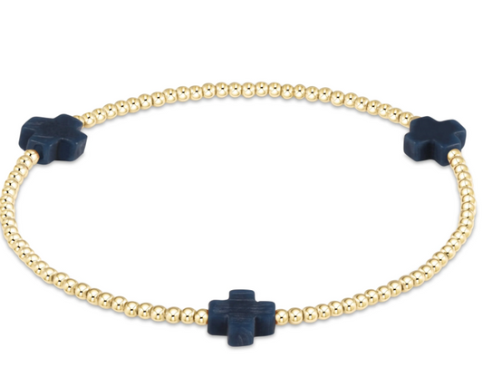 Signature Cross Gold Pattern 2mm Bead Bracelet - Navy