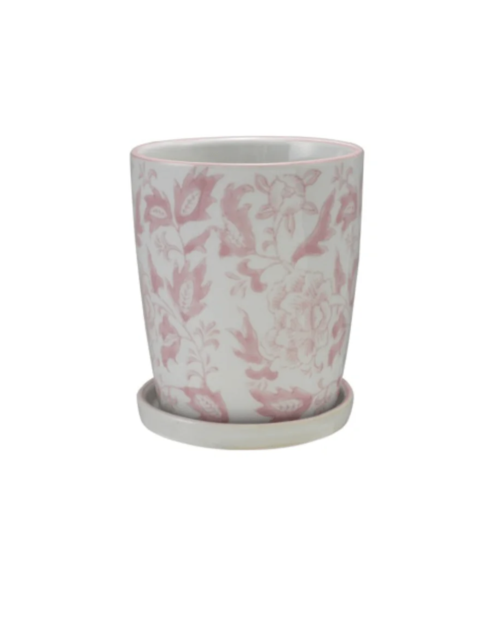 Handpainted Stoneware Planter Floral Pattern & Saucer, Pink & White