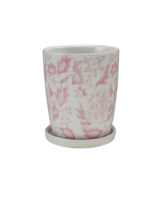 Handpainted Stoneware Planter Floral Pattern & Saucer, Pink & White