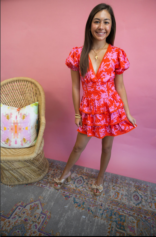 Floral Print Surplice Short Puff Sleeve Dress