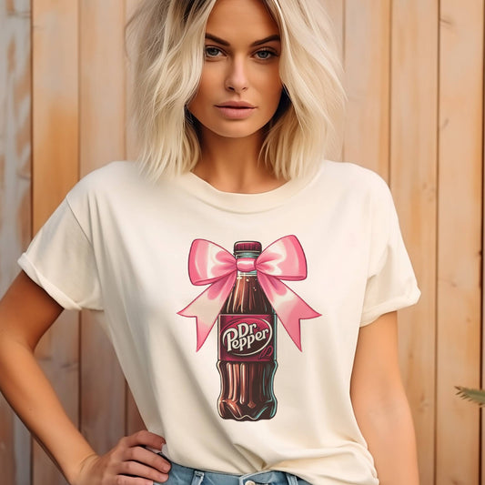 Coquette Tshirt Pink Bow Dr. Pepper Bottle Tee - Cream