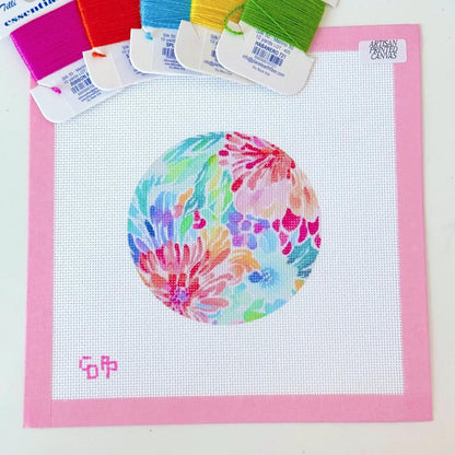 Artisan Printed Floral Round Ornament Needlepoint Canvas 8x8