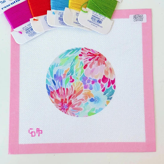 Artisan Printed Floral Round Ornament Needlepoint Canvas 8x8