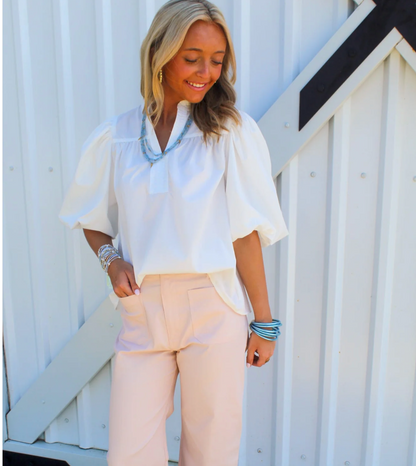 Classy China Collar Bubble Sleeve Poplin Top
