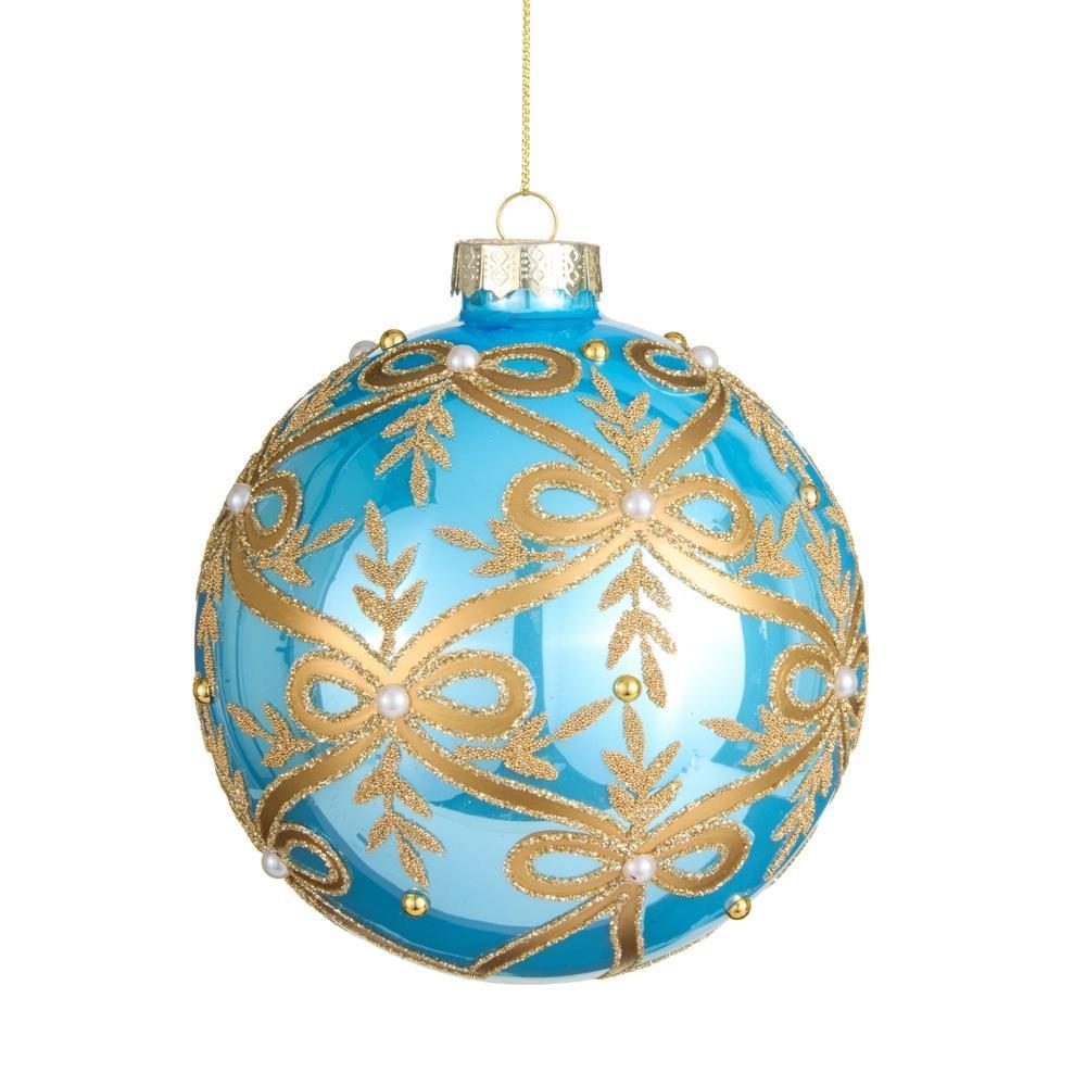 Gold Bow Blue Ball Ornament