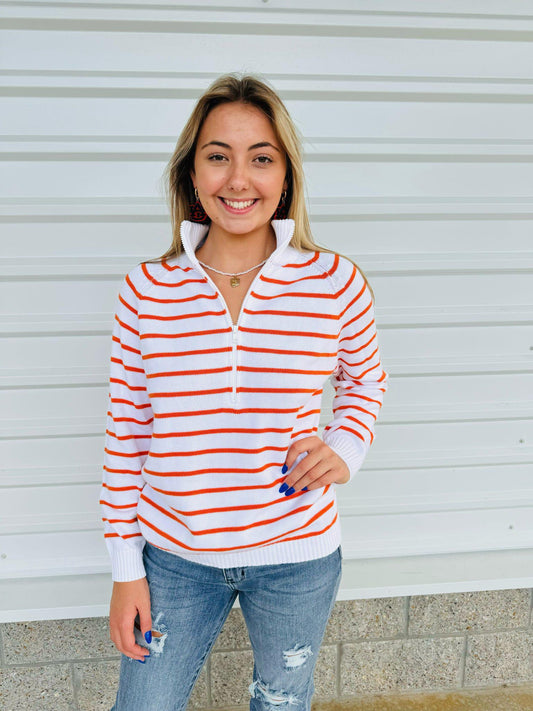 White Zipper 1/2 Zip Raglan With Orange Stripes