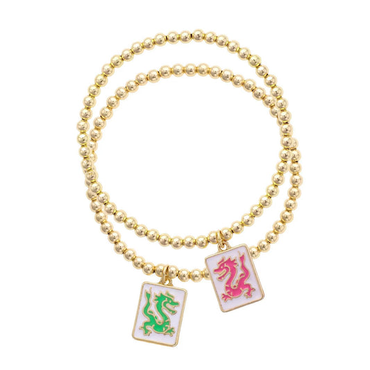 Pair of Dragons Mahjong Ball Bead Bracelet Pair of 2 in Shiny Gold
