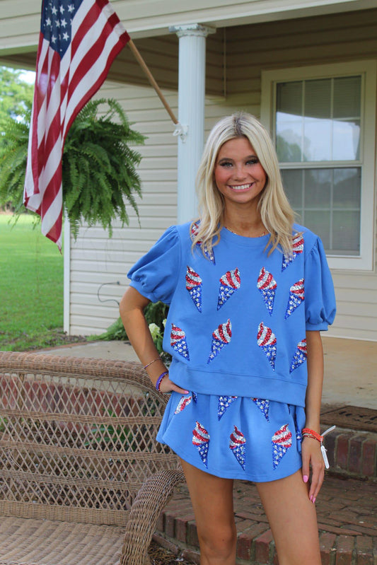 USA Flag Soft Ice Cream Rhinestone Allover Top and Skorts