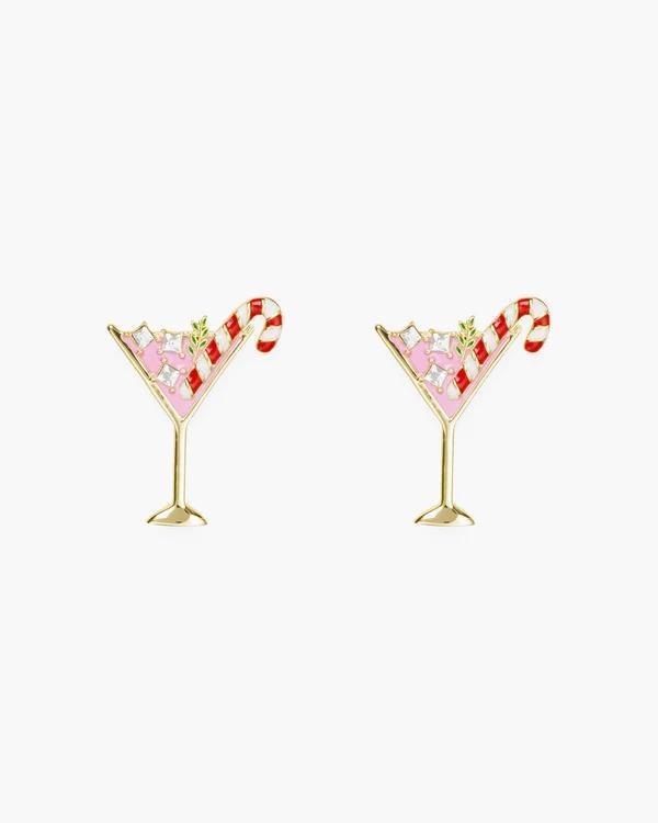 Gold Pink Martini Glass with Candy Cane Earrings