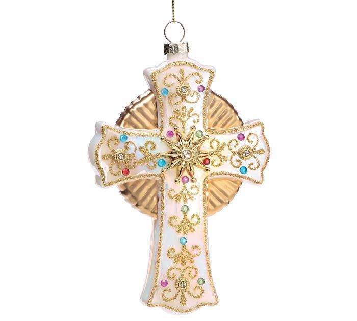 White Cross Ornament with Gold Accents & Colored Gems