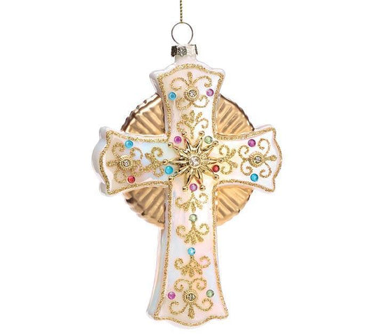 White Cross Ornament with Gold Accents & Colored Gems